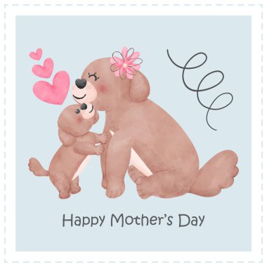Anneler günü köpeği anne suluboya bebek yavrusuna sarılıyor. Sevgi hayvanı ve hayvan aile temalarını gösteriyor.