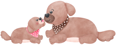 Babalar günü köpeğinin babası suluboya bebek yavrusuna sarılıyor. Aşk hayvanı ve hayvan aile temalarını gösteriyor.