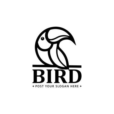 Bir Şube Sembolünde Tukan. Bu logo bir dalın üzerine tünemiş bir Tukan 'ın vektör illüstrasyonunu içeriyor. Tasarım basit, beyaza karşı birincil renk olarak siyah kullanılıyor.. 