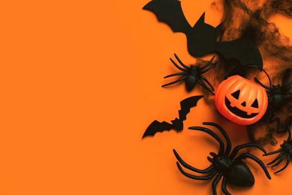 Halloween Koncept Bakgrund Ovanifrån Pumpa Korg Spindlar Och Fladdermöss Med — Stockfoto