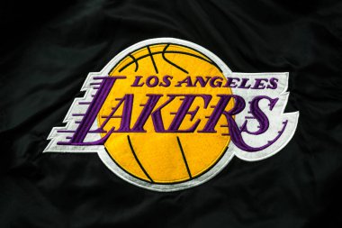 Los Angeles Lakers takımının tekstil üzerindeki logosu. Los Angeles Lakers Amerikan Ligi 'ndeki profesyonel basketbol kulübünün logosu. İllüstrasyon Editörü