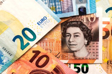 İngiltere 'nin İngiliz Pound para faturası ve euro faturalarının kapanışı. İngiliz Pound para faturasıyla Euro ticareti