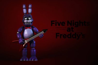 Figure of Bonnie character of the videogames,movies and books Five Nights at Freddy's and logo over red background. Illustrative editorial clipart