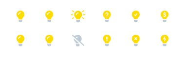 Sarı ampul ikonu seti. Ampul sembolü. Fikir tabelası. Vektör düz biçiminde çizgi ampul kontrol işareti.
