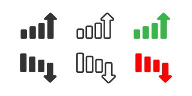 Grafik simgesi. Büyüme grafiği, iş sembolü. Kâr büyüyen çizgi işareti, yeşil ve kırmızı. Düz vektör biçiminde işlem çubuğu simgesi.