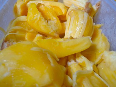 Jackfruit that has been frozen and put into a white plastic container.