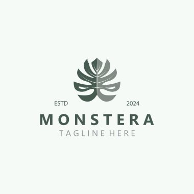 Monstera deliciosa yaprak doğal logo tasarımı, düz bitki ikonu tasarımı illüstrasyonu