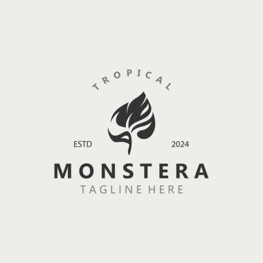 Monstera deliciosa yaprak doğal logo tasarımı, düz bitki ikonu tasarımı illüstrasyonu