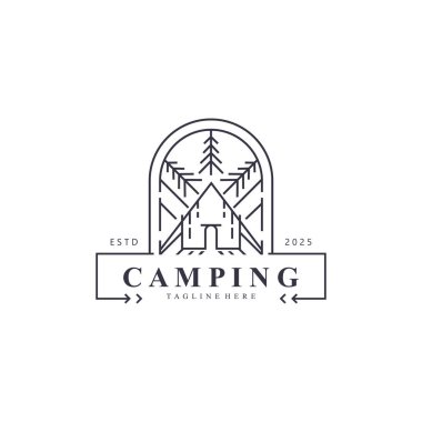 Kamp logosu ya da illüstrasyon monolini ya da çizgi sanat tarzı çadır şablonu tasarımı