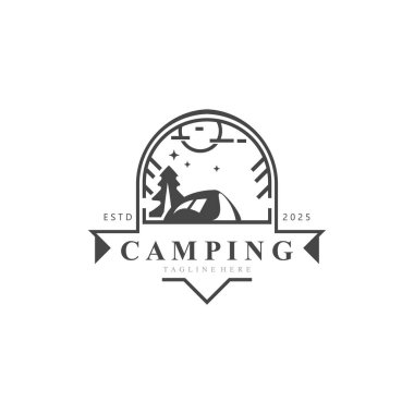 Kamp logosu ya da illüstrasyon monolini ya da çizgi sanat tarzı çadır şablonu tasarımı