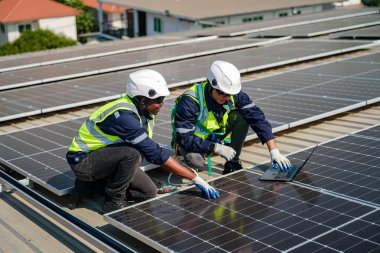 Teknoloji güneş pili, mühendislik servisi fabrikanın çatısında güneş pili kurulumunu kontrol ediyor. Güneş panellerinin bakımını kontrol eden teknisyenler, mühendislik ekibi güneş enerjisi santralinde kontrol ve bakım üzerinde çalışıyor. 