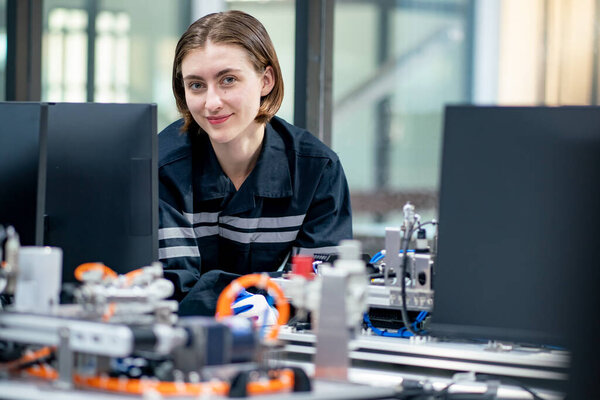 Engineer checking and controling welding robotics automatic arms machine in intelligent factory automotive industrial with monitoring system software. Digital manufacturing operation. Industry 4.0