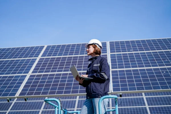 stock image Technology solar cell, Engineer service check installation solar cell on the roof of factory. technician checks the maintenance of the solar panels