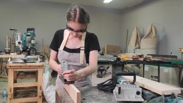 Young Woman Working Furniture Workroom — Stock Video
