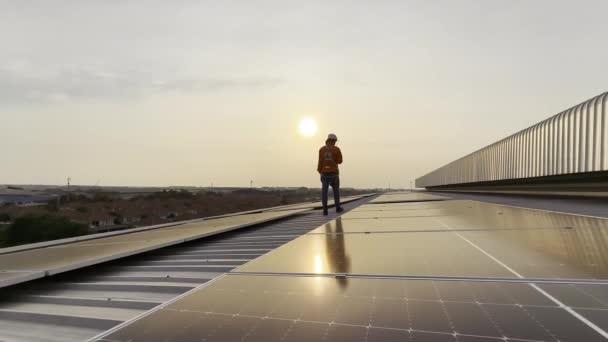 Tecnología Célula Solar Ingeniero Comprobar Instalación Célula Solar Techo Fábrica — Vídeo de stock