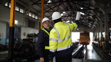 Fabrikadaki makine bakımında mühendisler tartışılıyor. Endüstriyel Mühendisler, tren ve makine endüstrisine karşı.