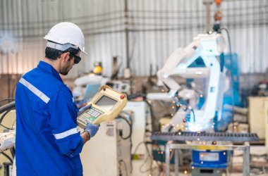 Robot mühendisi fabrika deposunda modern robotik kolun bakımı üzerinde çalışıyor.