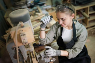 Marangoz DIY atölyesinde çalışan genç ve güzel bir kadın. Küçük işletme sahibi, mobilya fabrikasında çalışan genç bir kadın..