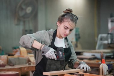 Marangoz DIY atölyesinde çalışan genç ve güzel bir kadın. Küçük işletme sahibi, mobilya fabrikasında çalışan genç bir kadın..
