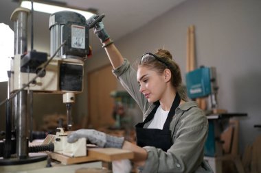 Marangoz DIY atölyesinde çalışan genç ve güzel bir kadın. Küçük işletme sahibi, mobilya fabrikasında çalışan genç bir kadın..