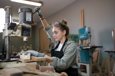 Marangoz DIY atölyesinde çalışan genç ve güzel bir kadın. Küçük işletme sahibi, mobilya fabrikasında çalışan genç bir kadın..