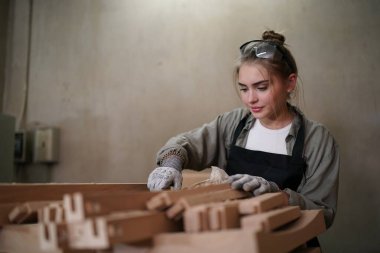 Genç bir kadının küçük işleri. Mobilya atölyesinde çalışan güzel genç bayan.