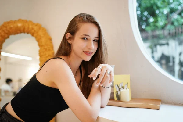 Young Beautiful Attractive Woman Long Brown Hair Black Dress Cafe — Stock Photo, Image