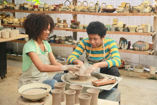 Young Afro Girl Boy Pottery Workshop Business Owner — Stock Photo, Image