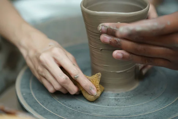 Beautiful Woman Making Ceramic Pottery Wheel Hands Close Concept Woman — Stock Photo, Image