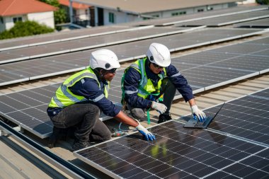 Teknoloji güneş pili, mühendislik servisi fabrikanın çatısında güneş pili kurulumunu kontrol ediyor. Güneş panellerinin bakımını kontrol eden teknisyenler, mühendislik ekibi güneş enerjisi santralinde kontrol ve bakım üzerinde çalışıyor. 