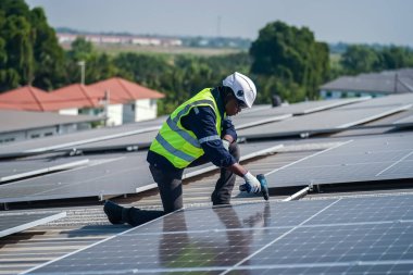 Teknoloji güneş pili, mühendis fabrikanın çatısındaki güneş pilini kontrol ediyor. teknisyen güneş panellerinin bakımını kontrol ediyor