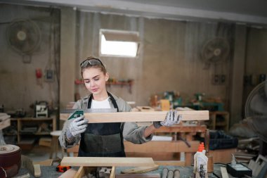 Genç bir kadının küçük işleri. Mobilya atölyesinde ahşabı ölçen genç ve güzel bir kadın işçi..