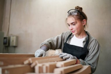 Marangoz DIY atölyesinde çalışan genç ve güzel bir kadın. Küçük işletme sahibi, mobilya fabrikasında çalışan genç bir kadın..