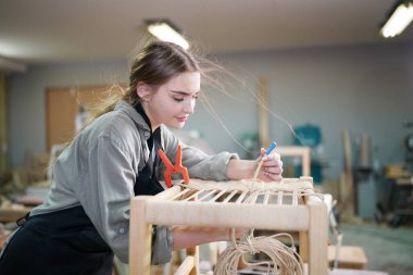 Marangoz DIY atölyesinde çalışan genç ve güzel bir kadın. Küçük işletme sahibi, mobilya fabrikasında çalışan genç bir kadın..