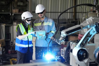 Robot mühendisleri fabrika deposunda robotik kolun bakımı üzerinde çalışıyorlar. İş teknolojisi.