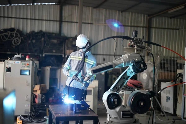 Robot Mühendisi Fabrika Deposunda Robotik Kolun Bakımı Üzerinde Çalışıyor Teknolojisi — Stok fotoğraf