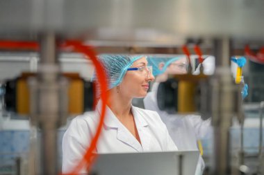 Elektrik santrali için ters osmoz sisteminde çalışan bir kadın. Endüstri için RO sistemi, endüstriyel kimyasallar, enerji santrali, petrol ve gaz gibi borularla kurulması popüler ekipmanlar. Şişeleme fabrikasında su şişelerini kontrol eden genç ve mutlu bir kadın işçi. 