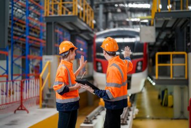 Mühendis ve teknisyen bakım demiryolu inşaat alanını teftiş ediyor.. 