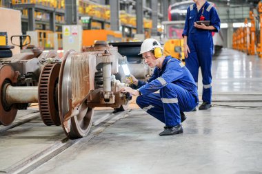 Demiryolu mühendisliği tesisinde lokomotifi inceleyen mühendisler