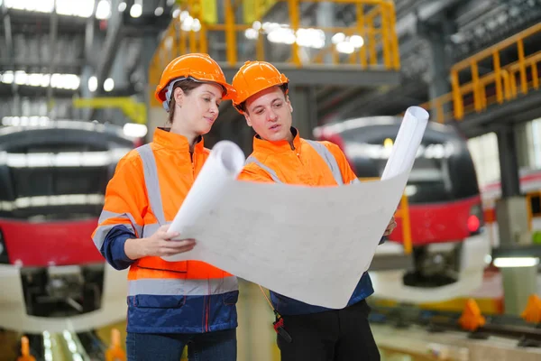 stock image Engineer specialist and technician maintenance railway inspect construction site. 