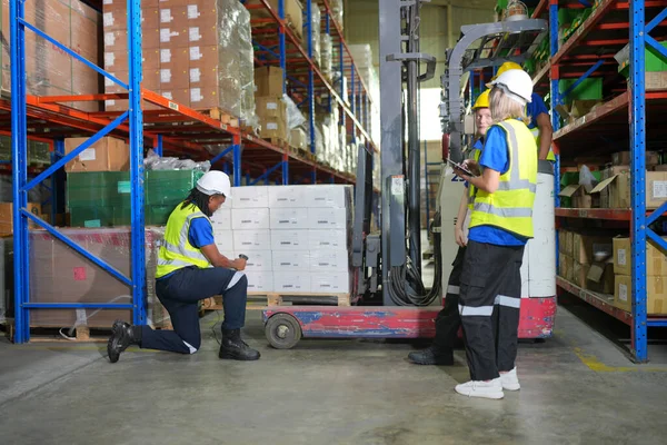 Рабочие Работающие Большом Складе Проверяют Упакованные Коробки — стоковое фото