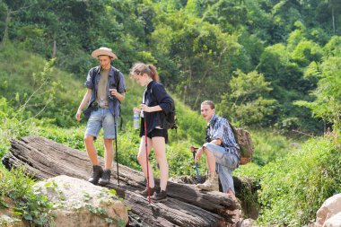 Yürüyüşçüler dağda yürüyüş sopalarıyla bir patika boyunca yürüyorlar. Macera, seyahat, turizm, yürüyüş ve insan konsepti. Sırt çantalı bir grup gülen arkadaş..