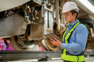 Demiryolu mühendisliği tesisinde lokomotifi inceleyen mühendisler