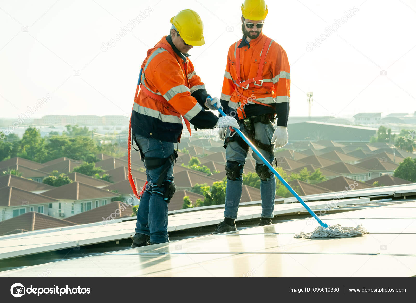 Professional Engineers Checking Solar Roof Factory Rooftop Sunlight