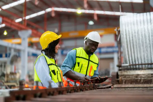 Modern fabrikanın üretim bölümünde iş tulumu ve şapka giyen ve fikirleri tartışan iki profesyonel teknisyen.  