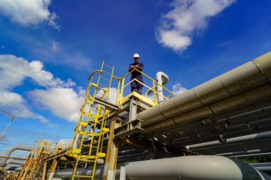 Rafineri mühendisi ön petrol ve doğalgaz sanayi fabrikası petrol rafinerisinde çalışıyor ve tartışıyorlar...