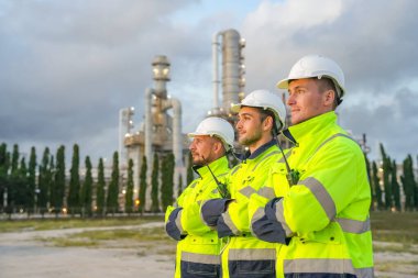 Rafineri mühendisi ön petrol ve doğalgaz sanayi fabrikası petrol rafinerisinde çalışıyor ve tartışıyorlar...