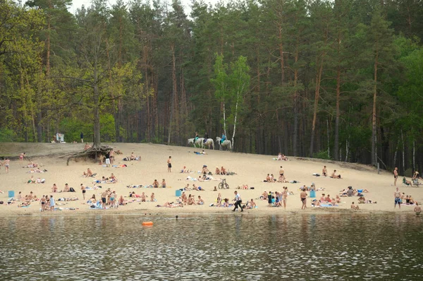 Dav Lidí Opaluje Písečné Pláži Jezera Koupe Vodě Května2021 Městský — Stock fotografie