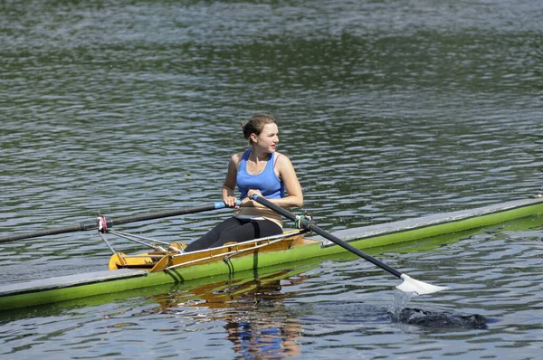 Young Girl Rowing Boat River Kyiv Oblast Championship Amateurs May — Stock Photo, Image