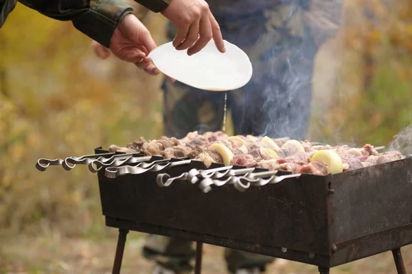 手拿着伪装的盘子准备烤肉 在烤架上烧烤 在大自然中野餐 — 图库照片
